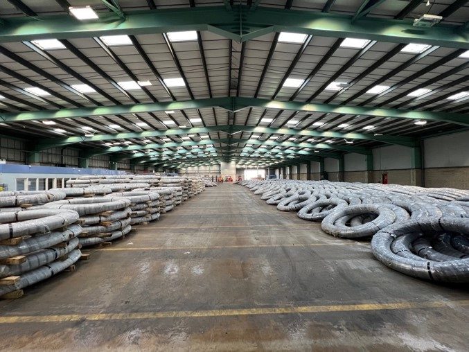 Rows of strand coils in the Megasteel warehouse in Ipswich